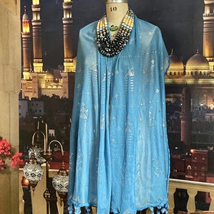 Blue Faience with Silver Egyptian ASSUIT Shawl Bellydance cover/ Fair Trade Shawl with pom-poms on ends. Blue Tulle bi telli Lightweight