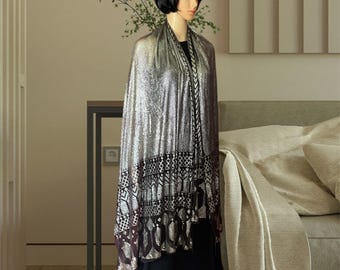 SOLID SILVER 1930's Heavy Egyptian Assuit Piano shawl Grand Dame #3 Excellent condition with large filled Motifs on ends  COLLECTABLE