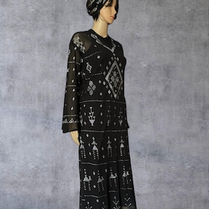 Black Egyptian Assuit Dress/Galabeya/Tunic with Silver Classic Motifs  Bellydance Assuit/ Assuit Dance Tunic  soft Assuit tulle