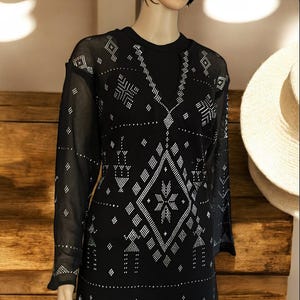 Black Egyptian Assuit Dress/Galabeya/Tunic with Bright silver Motifs Bellydance Saidi Egyptian Revival /Coachella/Burningman Instant costume