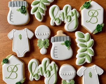 Neutral greenery baby shower cookies