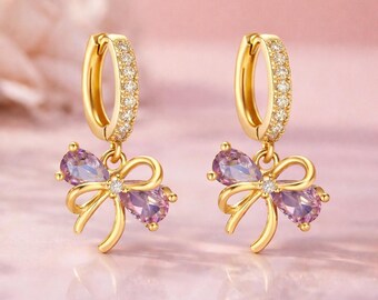 Gold Crystal Hoop Earrings, Pink Ribbon Dangle Jewelry