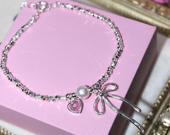 Dainty Bow Bracelet, Pink Heart Detail