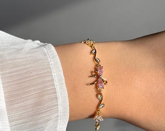 Dainty Gold Plated Bow Bracelet, Cute Pink Ribbon Bracelet, Teen Girl Bracelet