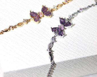 Purple Butterfly Friendship Bracelet, Gold Pastel Bow Lilac Bracelet