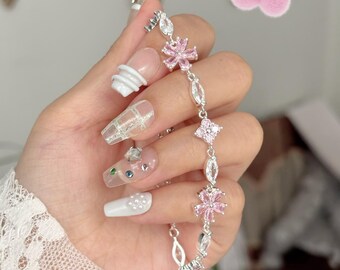 Pink Flower Zirconia Bracelet ,Bridal floral silver bracelet , fairytale cute bracelet