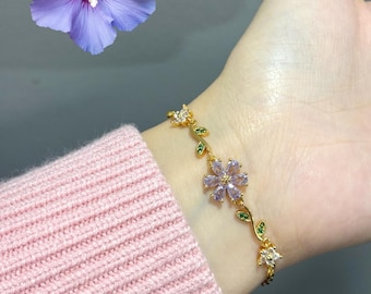 Purple Flower Bracelet Gold Plated Crystal Jewelry Gift for Her