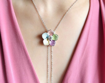 Floral Y Necklace, Rainbow Flower Necklace, Colorful Silver Lariat Necklace