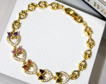 Gold Colorful Heart Bracelet, Dainty Bow Chain Bracelet