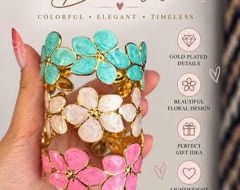 Floral Summer Cuff Bracelet, Colorful Dainty Bracelet, Pink Bracelet