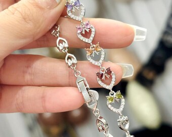 Colorful Heart And Ribbon Bracelet, Silver Dainty Bow Bracelet