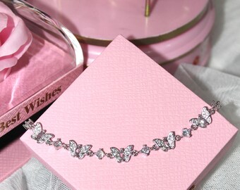 Pink Butterfly Adjustable Bracelet, Minimalist Y2K Crystal Bracelet
