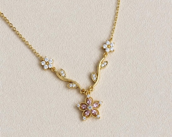 Gold Floral Feminine Necklace, Dainty Flower Pink Necklace
