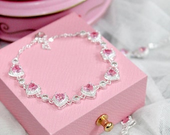 Pink Heart Crystal Bracelet, Silver Romantic Jewelry