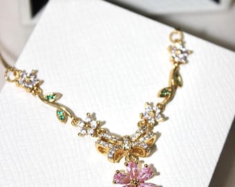 Fairy Pink Floral Necklace, Garden Gold Plated Pendant, Dainty Pendant