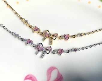 Pink Crystal Bow Bracelet, Silver Tone, Dainty Elegant Jewelry