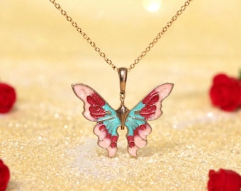 Pastel Fairy Butterfly Necklace, Princess Gold Pendant, Mariposa Necklace
