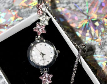 Silver Y2K Pink Star Watch, Teen Girl Unique Adjustable Watch