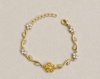 Dainty Crystal Floral Bracelet,Elegant Bridal Gold Plated Bracelet