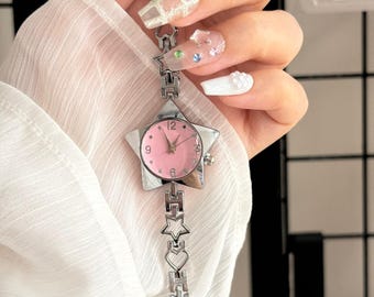 Y2K Pink Star Watch, Silver Planet Watch, Minimalist Wristwatch