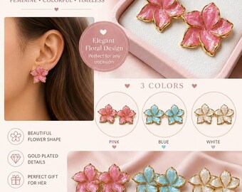 Colorful Floral Summer Stud Earrings, Flower Earrings, Gold Plated Earrings