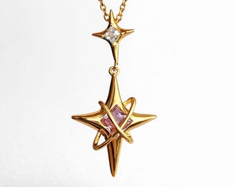 Unique Star Necklace, Pink Crystal Gold Plated Chain, Y2K Necklace