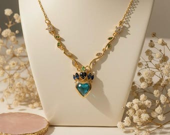 Gold Heart Necklace with Blue Crystal Minimal Statement Jewelry