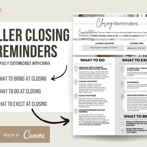 May include: A checklist for sellers preparing for a home closing. The checklist includes what to bring, what to do, and what to expect at the closing. The checklist is fully customizable with Canva.
