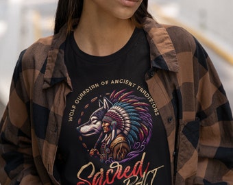 Wolf and Native Indian Tee, Guardian of Ancient Traditions Shirt, Sacred Pact T-shirt, Wildlife Lover GiftUnisex organic cotton t-shirt