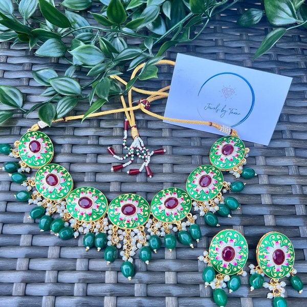 Green and pink meenakari necklace set