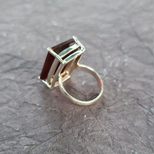 K&ouml;nnte beinhalten: Ein silberner Ring mit einem gro&szlig;en, rechteckigen, dunkelroten Edelstein, der in einem k&auml;figartigen Design gefasst ist.