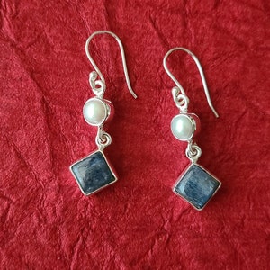 Kyanite and Pearls Earrings Sterling Silver-Remarkable Genuine Kyanite Jewelry-Genuine Earrings-Precious Earrings-Anniversary Gift