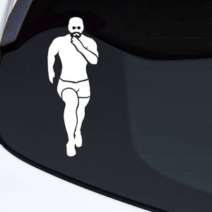 May include: A white silhouette of a person running with their arm raised to their mouth. The person is wearing shorts and has a beard.