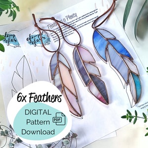 Stained Glass Feather Patterns x 6 // Beginner Glass Pattern - SIX Easy Whimsical Feathers // PDF Pattern Digital Download