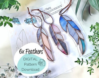 Stained Glass Feather Patterns x 6 // Beginner Glass Pattern - SIX Easy Whimsical Feathers // PDF Pattern Digital Download