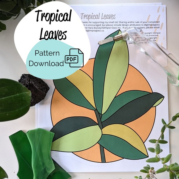 Stained Glass Tropical Plant Pattern // Easy Glass Pattern House Plant Leaves  // PDF Pattern Digital Download