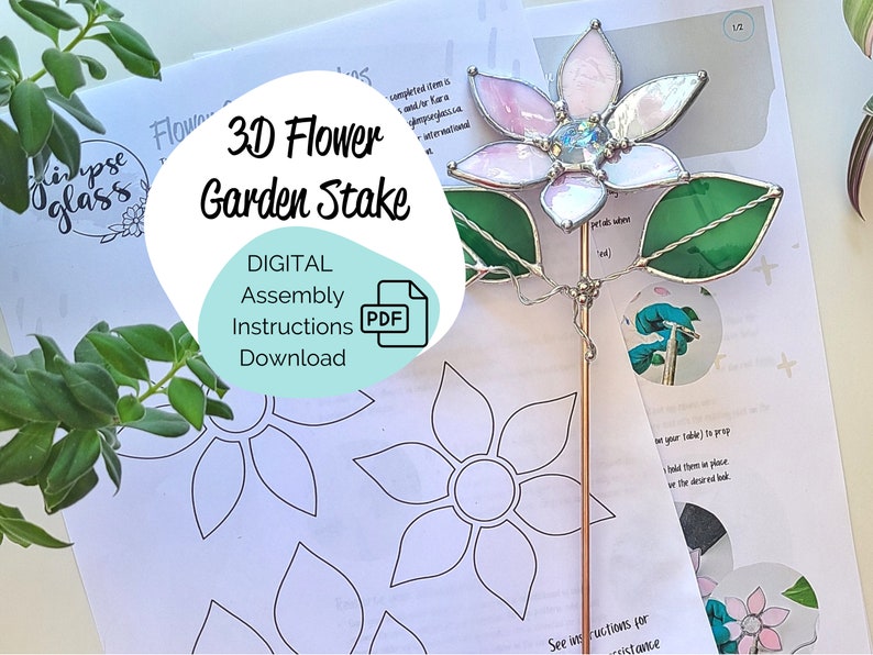 Pattern and tutorial DIGITAL download garden stake stained glass / Easy 3D flower and instructions image 1