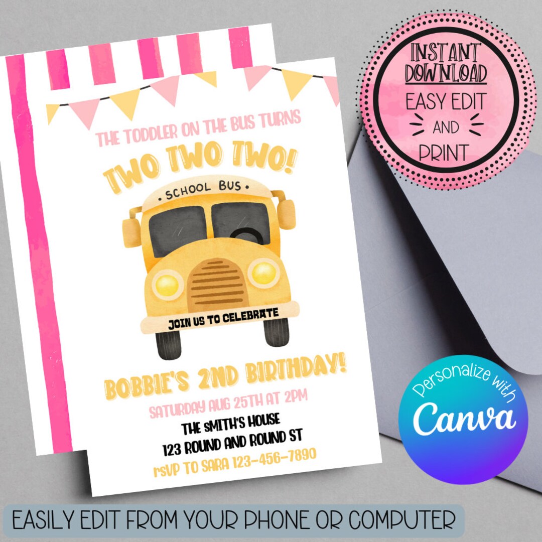 EDITABLE Wheels on the Bus Invitation Two Two Two Wheels on Etsy