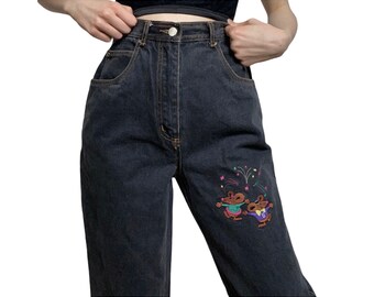 Vintage off black high waisted jeans with funky colorful embroidery // 27” waist