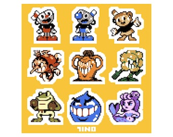 Cuphead Sticker Sheet - Pixel Art Cartoon Retro Video Game