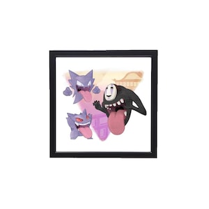 Puede incluir: Obra de arte enmarcada con personajes de dibujos animados. Se representan dos figuras moradas con forma de fantasma y una figura negra con una m&aacute;scara blanca y una lengua larga. La obra de arte est&aacute; enmarcada en un marco negro.