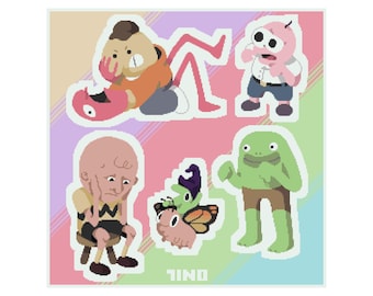 Smiling Friends Sticker Sheet - Pixel Art Charlie Pim Glep Adult Swim Cartoon