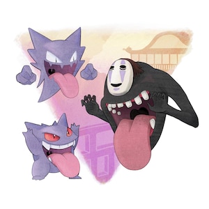Puede incluir: Ilustraci&oacute;n con tres personajes de dibujos animados. Dos Pok&eacute;mon morados, Gengar y Haunter, con lenguas y bocas abiertas. Tambi&eacute;n hay una figura negra con una m&aacute;scara blanca y la boca abierta, con una larga lengua rosa.