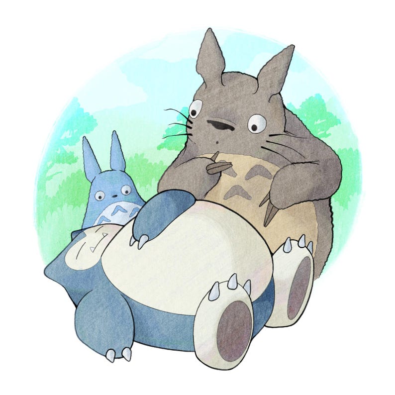 Puede incluir: Ilustraci&oacute;n en acuarela con tres personajes de dibujos animados: un gran Totoro gris, un peque&ntilde;o Totoro azul y un Snorlax durmiendo. El fondo es de un suave verde y azul. Los personajes est&aacute;n dibujados con un estilo caprichoso.