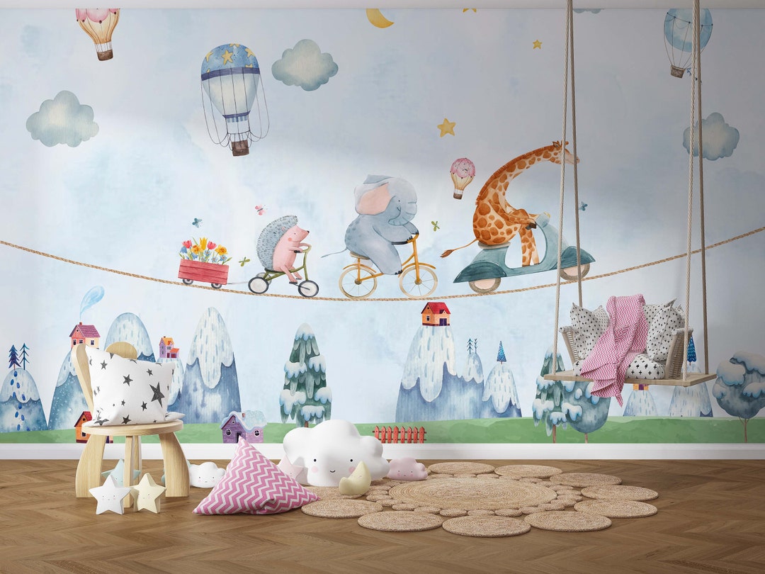 Kids Wallpaper Animals Riding Bikes Wallpaper - Etsy