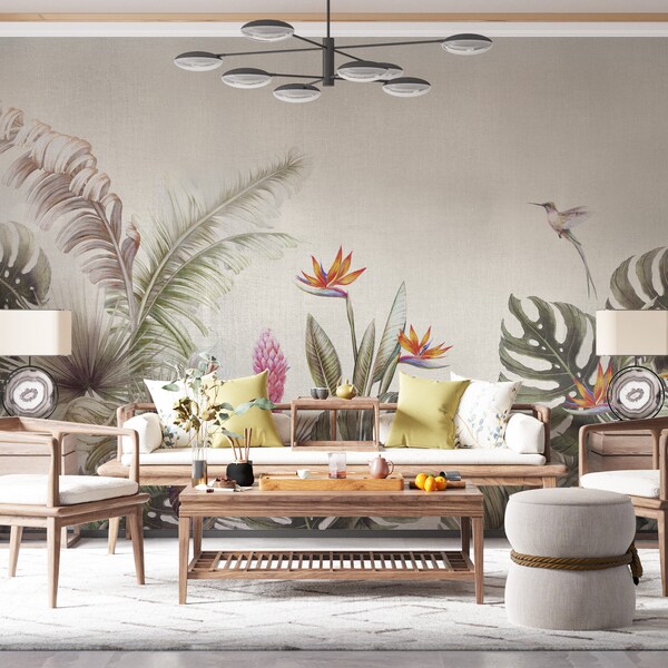 Tropical wallpaper design with tropical leaves, flowers and hummingbird. Monstera and palm leaves