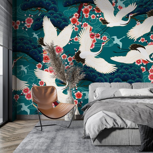 Japanese Cranes and Florals Wallpaper - Asian Wall Art for Living Room and Bedroom