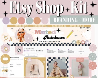 Plantillas de banner para tienda de Etsy: Kit de marca "Arcoíris apagados" (Editable en Canva)