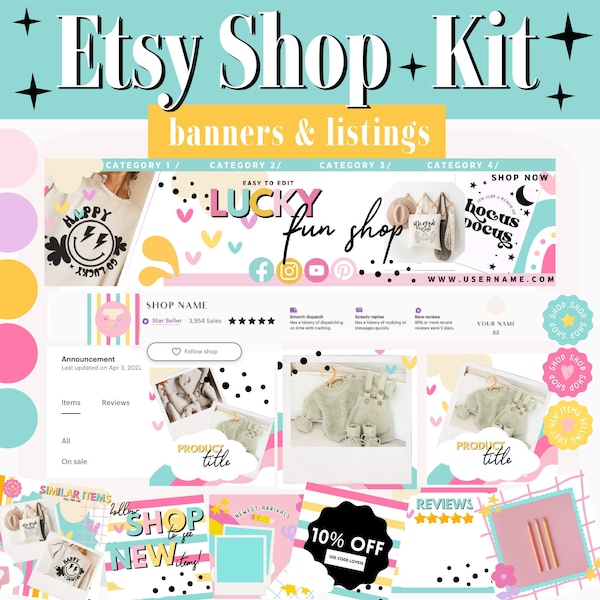 Etsy-Shop-Banner-Vorlagen, Lucky Brights und Bold Design, Etsy-Branding-Kit-Vorlage Bearbeitbare Canva-Banner-Mockup-Vorlagen Etsy-Shop-Kit