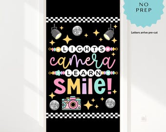Pre-Cut Classroom Door Decor | Lights Camera Learn Smile | Retro Bulletin Board Kit | Teacher Classroom Decor | Ready to Hang School Door